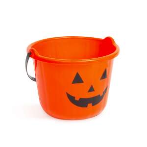 Oranžová plastová Halloweenska vedierko s tekvicovým vzorom na zber sladkostí s čiernym držadlom - Halloween dekorácie