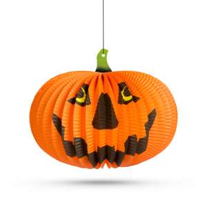 Orange paper pumpkin lantern with a scary face, hanging decoration, Halloween - Halloween decoration