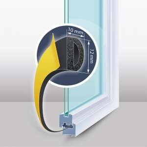 Black self-adhesive door and window seal D profile 10mm thick, 12mm wide, installed on a white window frame - Sealing tape