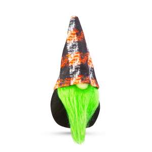 Green Halloween gnome with orange and black plaid hat - Halloween decoration