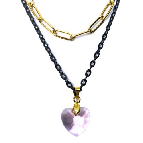 Dupla rozsdamentes acél nyaklánc arany-fekete színben, rózsaszín kristály szív medállal 74656551