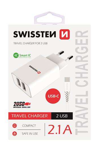 Swissten hálózati töltő adapter + Type-C kábel, 2 USB port, Smart...