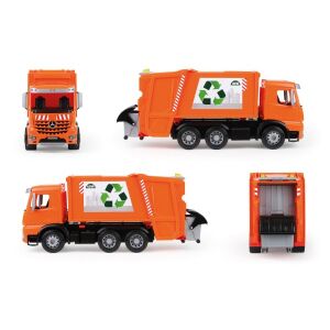 Lena Mercedes orange garbage truck toy, realistic functions, multiple views - Work machine for children