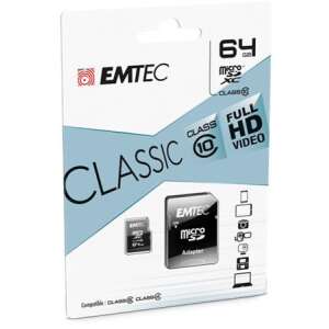 Memóriakártya, microSDXC, 64GB, CL10, 20/12 MB/s, adapter, EMTEC "Classic" 46534066 