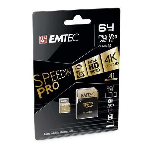 EMTEC SpeedIN Pro 64GB-os microSDXC memóriakártya adapterrel, UHS-I, U3, V30, A2, 10. osztály, 100/95 MB/s olvasási/írási sebesség, Full HD és 4K Ultra HD videófelvétel