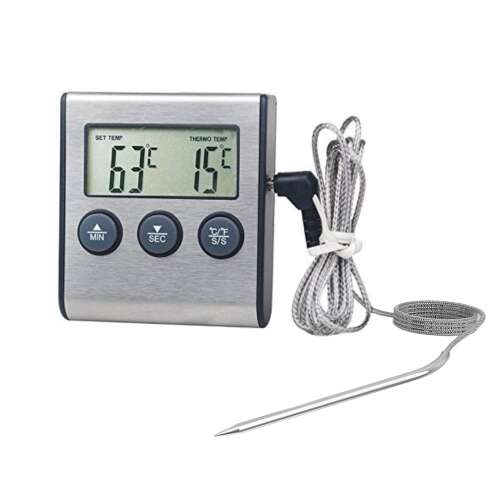 Digitális Ételhőmérő és Konyhai Időzitő, 0014T LCD kijelzővel, hőmérővel mágneses hátlappal, asztali támasztóval ±1°C, ezüst