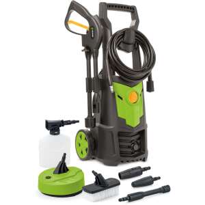 Fieldmann FDW 201650-E high pressure washer with accessories, including a detergent bottle, a rotating brush, a turbo nozzle, and a car brush - Garden Tool & Machine