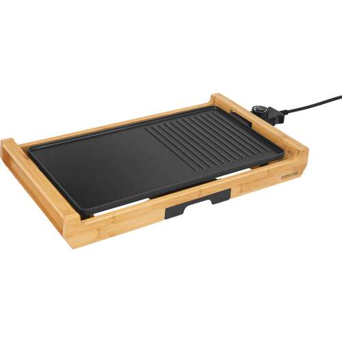 Elektryczny grill Sencor SBG 206BK z ramą bambusową, czarna płyta grillowa z powłoką zapobiegającą przywieraniu, 43 x 23 cm