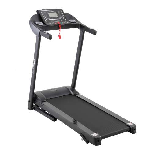 Pepita S106 folding treadmill, gray and black, angled view