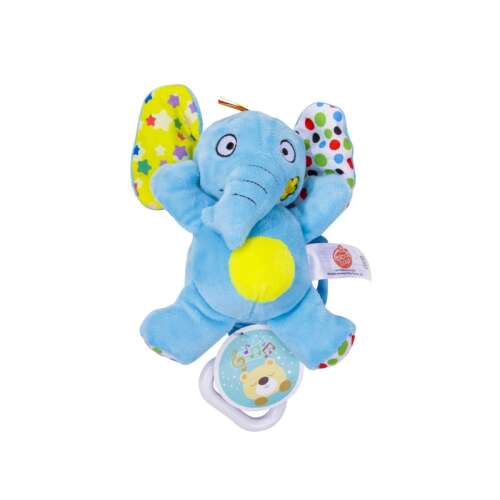 Blue musical elephant plush toy for babies, with a clip to attach to a stroller or crib