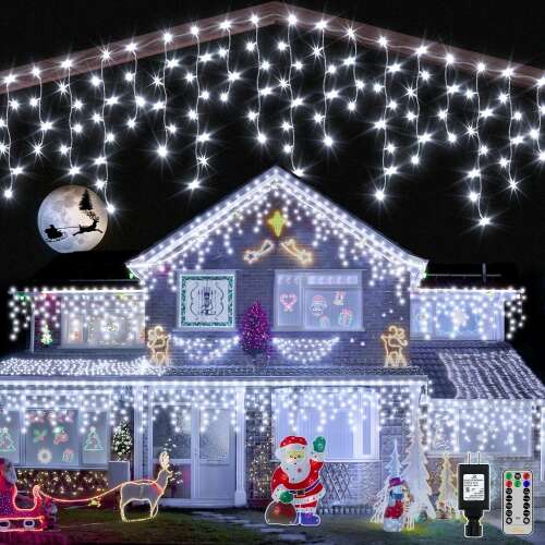 Karácsonyi hidegfehér fényfüggöny, 180 LED-es izzóval, 8,5 m, kültéri és beltéri, toldható
