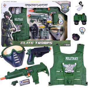 Military toy set for kids, includes vest, guns, binoculars, and other accessories - Toy Gun, Bullet