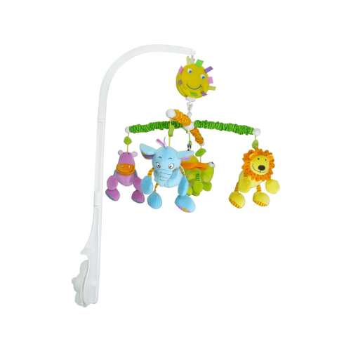 Mobil na detskú postieľ Jungle Friends s navíjacím mechanizmom, so slnkom, slonom, hrochom, levom a krokodílom