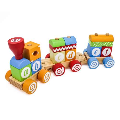 Pepita LittleONE wooden stacking train toy with alphabet blocks, colorful and educational for toddlers