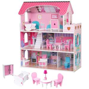 Pepita 3-piętrowy drewniany Domek dla lalek z nowoczesnymi dodatkami #różowy