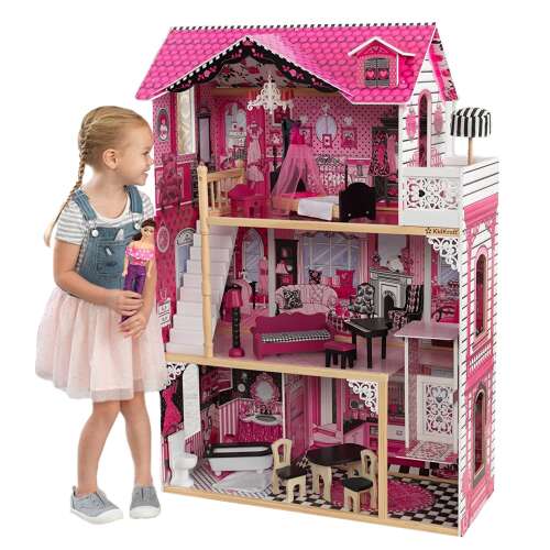 LittleONE by Pepita Giant 3 Storey Vintage Holzpuppenhaus mit Aufzug und Zubehör #pink 46774663