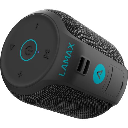 Angled view of LAMAX Sounder2 Mini Bluetooth speaker, black, showing controls and logo