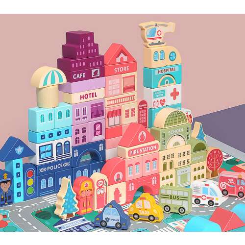 LittleONE by Pepita wooden building blocks set for kids, featuring a city with buildings, cars, and trees