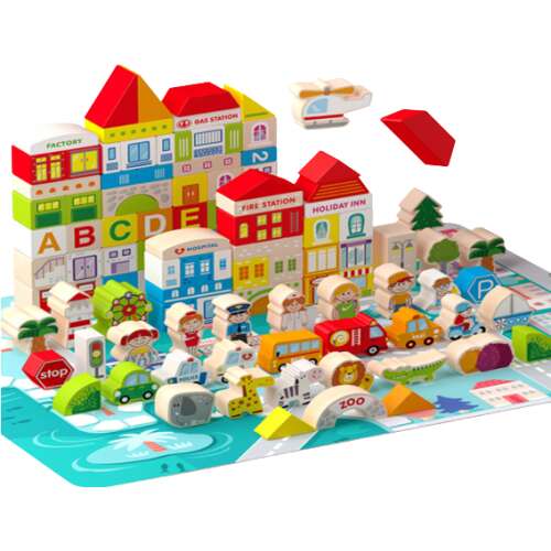 Pepita Fa építőjáték - Város 120db wooden building blocks set, featuring a variety of colorful blocks, including letters, numbers, animals, vehicles, and buildings, perfect for imaginative play and developing fine motor skills.
