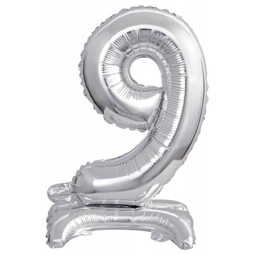 Ezüst 9-es szám fólia lufi állvánnyal - 38 cm, party dekoráció - Lufi
