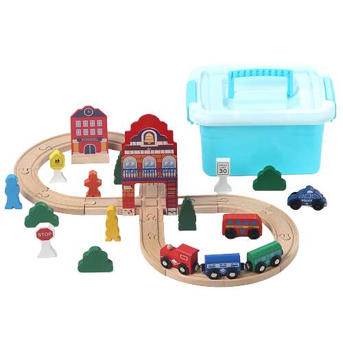 LittleONE by Pepita Kisvárosi élet Fa építőjáték tárolódobozzal 36db