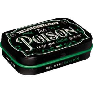 Retro Poison mint tin, black metal box with green trim,  'This Poison keeps you chilled forever' text,  mint tablets - Cukorka