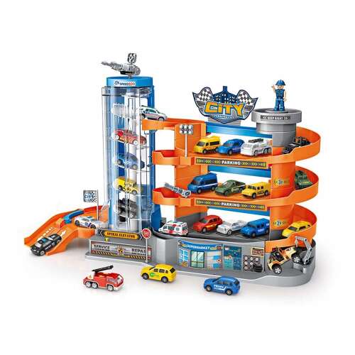 Timeless Tools 4 szintes parkolóház lifttel és 6 autóval, játék autó garázs, gyerek parkolóház, játék parkolóház, több szintes parkolóház, játék autó játszókészlet, gyerek játszókészlet