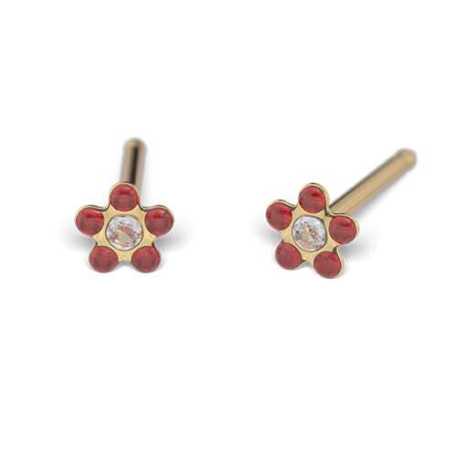 Arany virág fülbevaló piros zománccal és kristály közepű