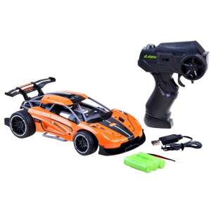 Orange remote control car with black and silver details, 2.4 GHz remote control, USB cable, battery, and two AA batteries - Remote control vehicle
