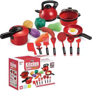 Mini Kitchen Cool Kitchen Happy Cook Ware Cooking Set 18-dielna sada na hranie s červenými hrncami, panvicami, kanvicou, špachtľou, lyžicou a zeleninou, hranie rolí pre deti - Hračky