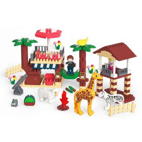 LittleONE by Pepita 212 piece plastic building blocks set with animals, including a giraffe, zebra, sheep, and two figures, for building an African animal habitat