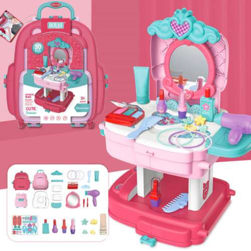 Pink vanity table toy with mirror, makeup, and hair accessories, in a suitcase, for kids