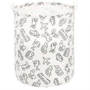 Textil játéktároló, fehér, járművek mintás, 55L-es szennyeskosár