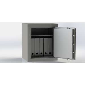Office I. light grey electronic security file cabinet, with open door showing interior shelves and file folders - Nonbrand Security Safe