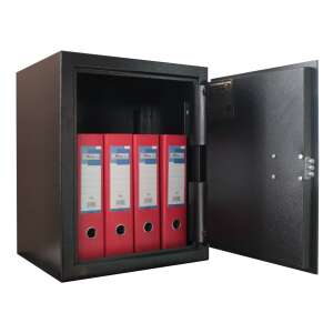 Office I. mechanical security safe with open door, showing interior with shelves and red folders - Nonbrand Security Safe