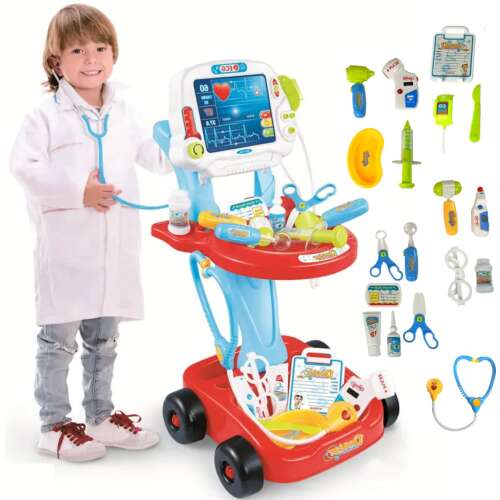 LittleONE by Pepita jucărie Cărucior medical cu aparat ECG, accesorii cu lumină, sunet 17pcs #red 78200202