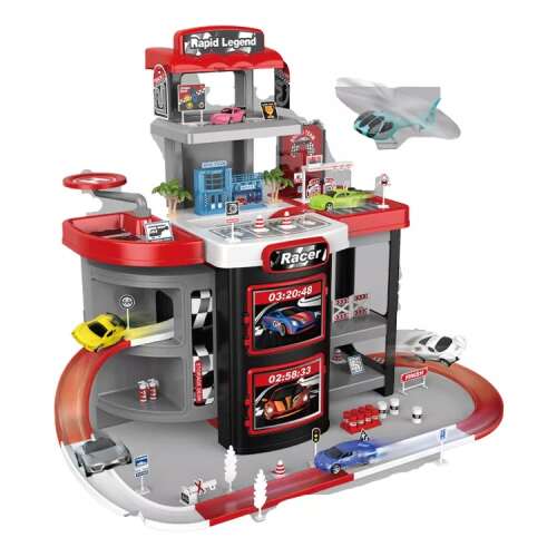 Pepita XXL Motorway and parking garage Toy set with vehicles, helicopter landing in a pull-along suitcase 65pcs