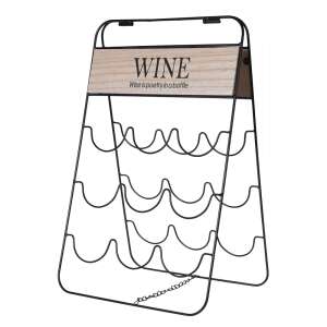 Fekete fém borosüveg tartó állvány fa táblával, 9 palackos, Wine is poetry in a bottle felirattal - Borospalack tartó