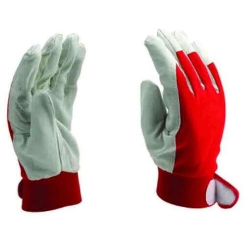 Sertésbőr munkakesztyűk piros pamut háttal, tépőzáras csuklóval, ujjvédelemmel