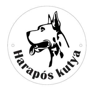 Figyelmeztető tábla, harapós kutya, fekete-fehér kutyá sziluett, kerek múplasz tábla - Jelölés & Figyelmeztetés