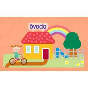 Diafilm Az ovi-ügy, ilustrație a unei fete care merge cu bicicleta spre o clădire de grădiniță - Filme diapozitive