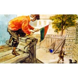 Ilustrație diafilm a unui băiat care ridică un steag pe un acoperiș, din cartea "Băieții de pe strada Paul" de Ferenc Molnár - Filme diapozitive