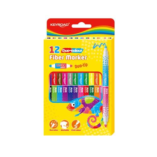 Keyroad Duo-tip filctoll készlet, 12 db, 24 szín, kétoldalas hegy, mosható, élénk színek