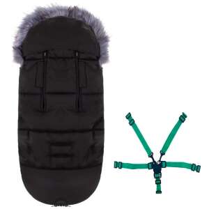 Springos 4-in-1 schwarzer Fußsack für Kinderwagen mit Pelzkapuze und Gurten - Zubehör für Kinderwagen