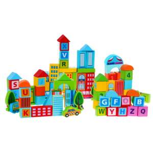 100 piece colorful wooden building blocks with letters, numbers, and shapes, perfect for imaginative play and learning - Ramiz