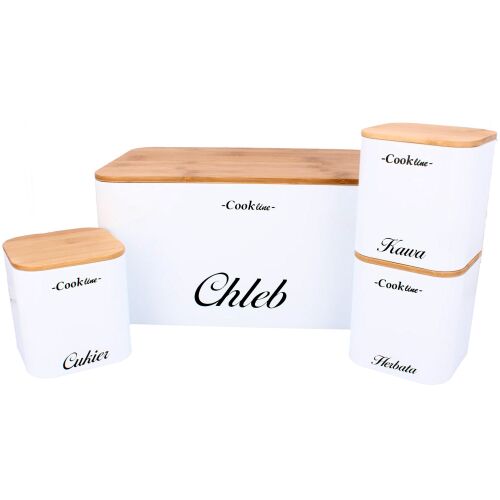 "RAPHANO" Enamel Bread Bin with Bamboo Lid + 3 Storage Containers - White
