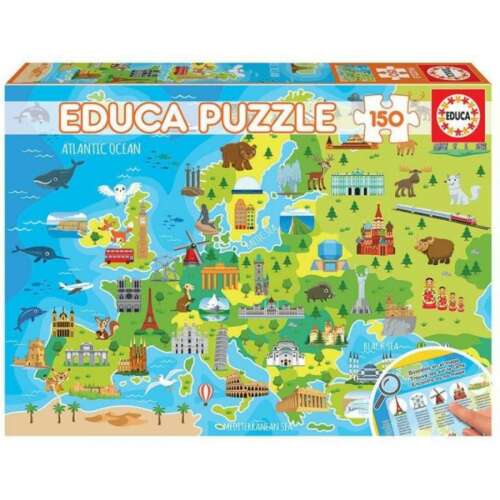 Educa Európa Térkép Puzzle, 150 darabos, európai nevezetességekkel és állatokkal 