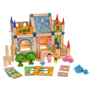 Bellafund wooden building blocks fahaz, assembled toy house with wooden figures and car - Wooden building game