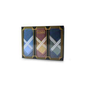 3 darabos férfi zsebkendő szett ajándékdobozban, kék, barna és zöld színben, ETEX exkluzív - Lux