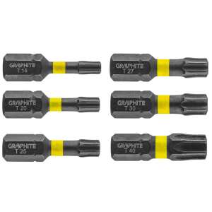 Zestaw 6 bitów Torx GRAPHITE, rozmiary T15, T20, T25, T27, T30, T40, długość 25 mm, stal S2, napęd 1/4 cala - Bithead